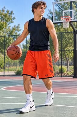 C9 Champion Mens M Orange Navy Mesh Basketball Shorts Baggy Retro Athletic